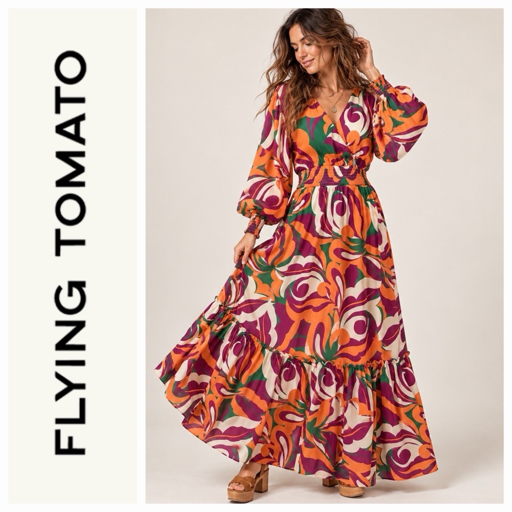 Flying Tomato Berry Love Maxi Dress L Balloon Sleeve Psychedelic Retro 70's Mod